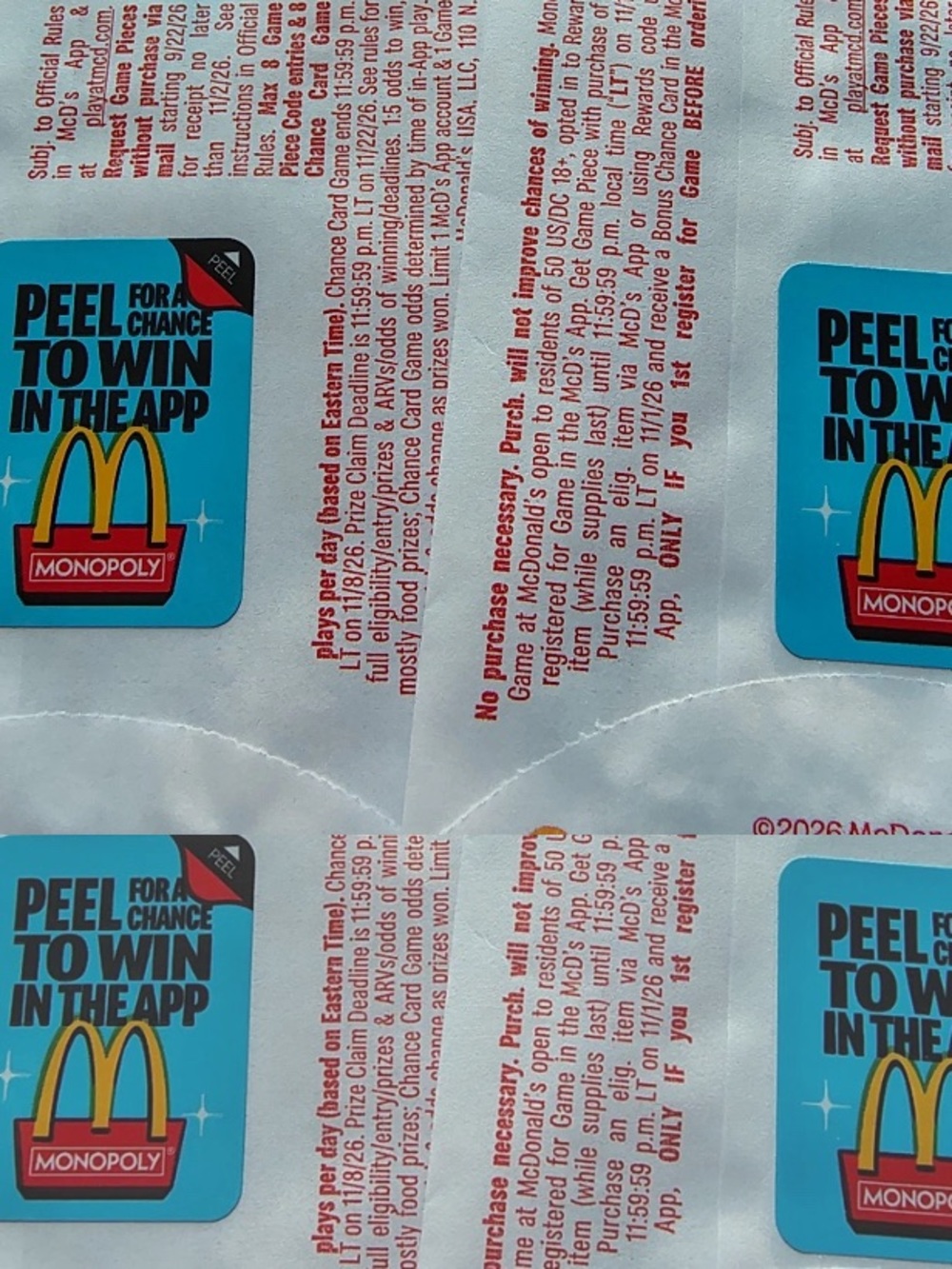 2026 UNPEELED UNREDEEMED MCDONALD'S MONOPOLY PIECES (Lot of 15)